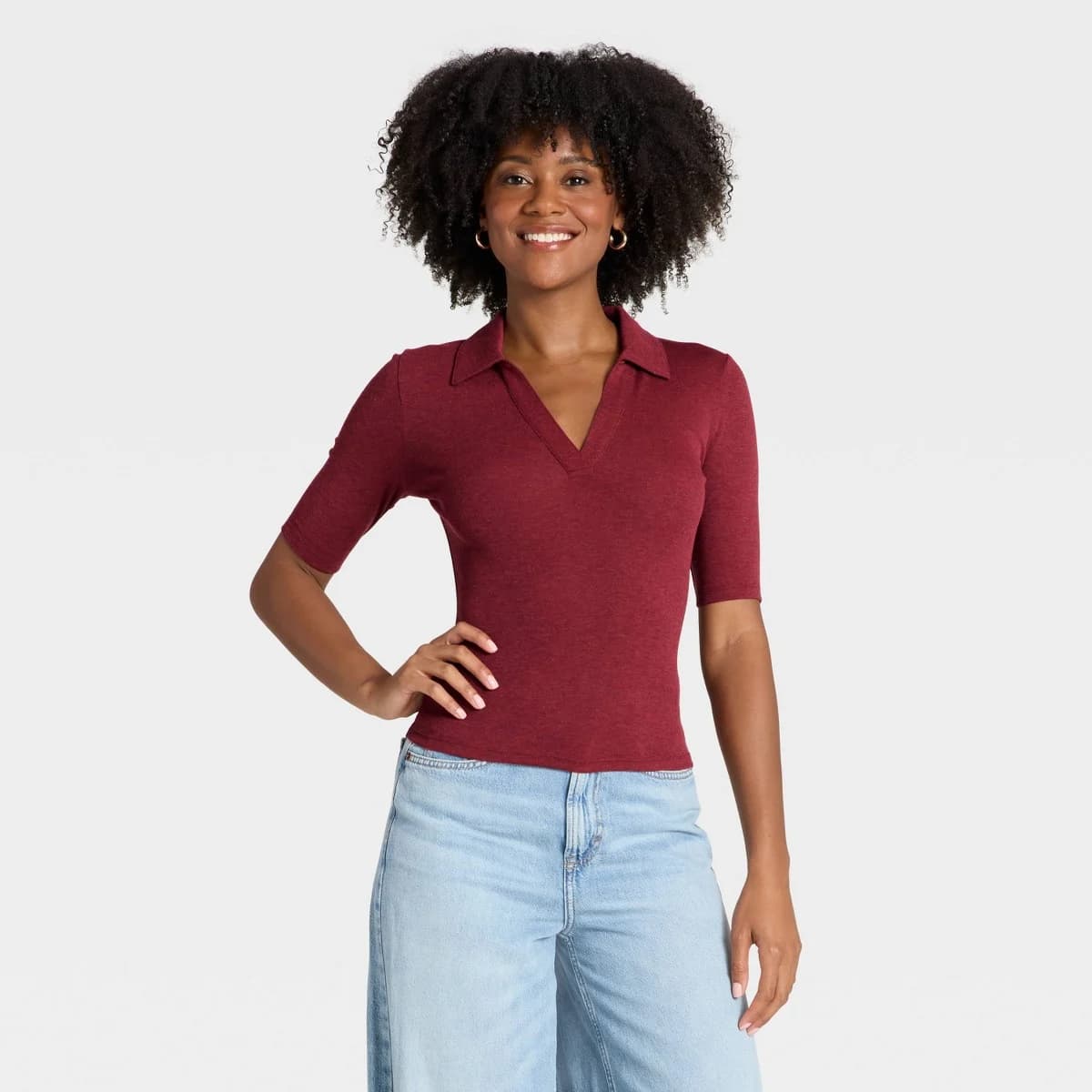Women's Elbow Sleeve Polo Shirt - Universal Thread™ Heather Burgundy S — Manufacturer Picture