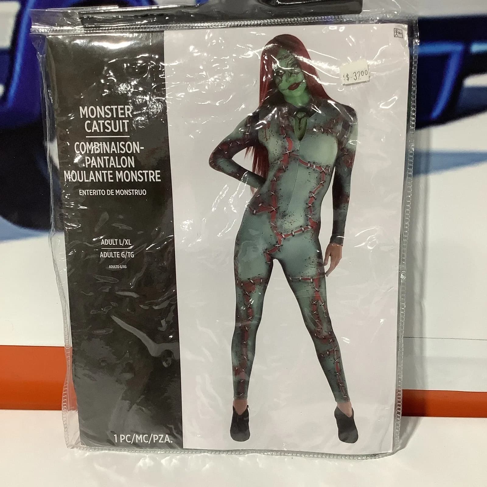 Monster Catsuit Costume Complete Outfit L/XL Green Red Black Polyester Stretch — Actual Product