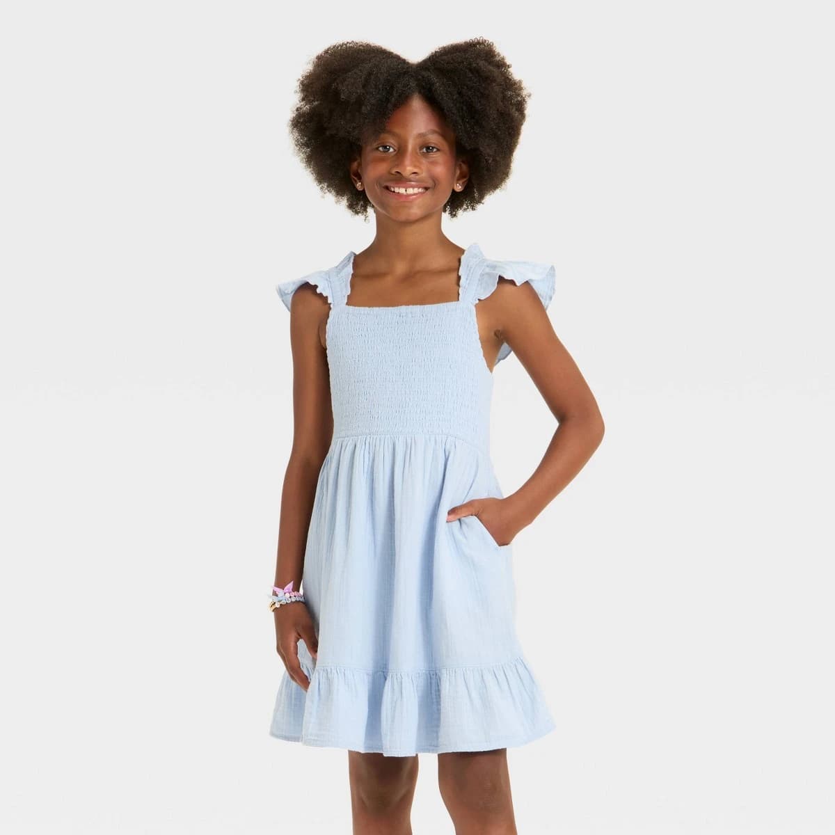 Girls' Sleeveless Solid Woven Dress - Cat & Jack™ Light Blue L — Manufacturer Picture