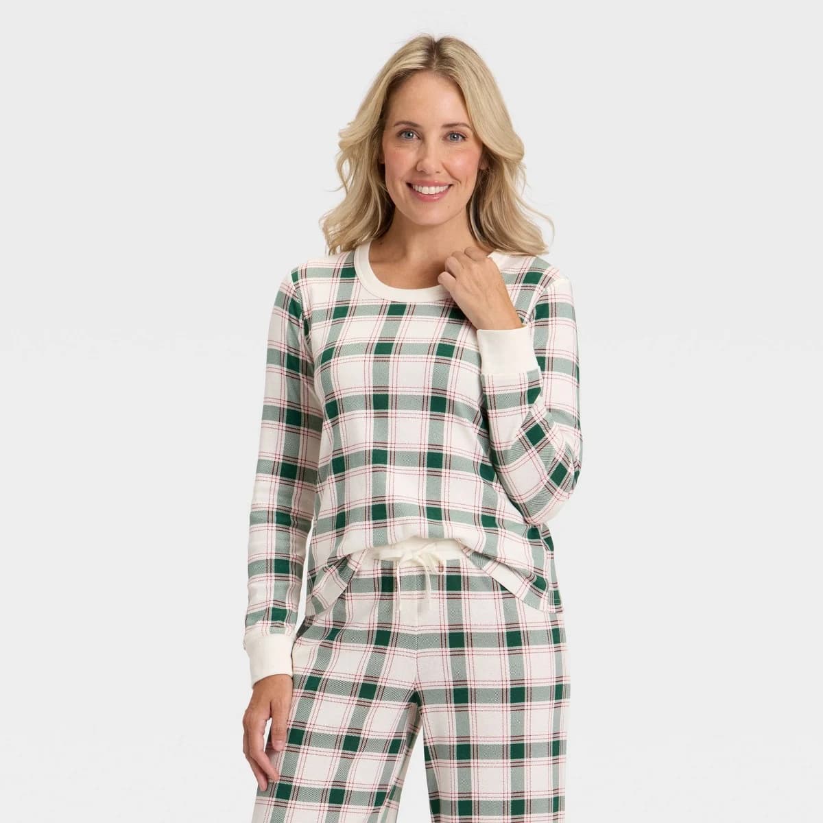 Women's Plaid Ribbed Long Sleeve Holiday Matching Family Pajama Shirt - Wondershop™ Cream S — Manufacturer Picture