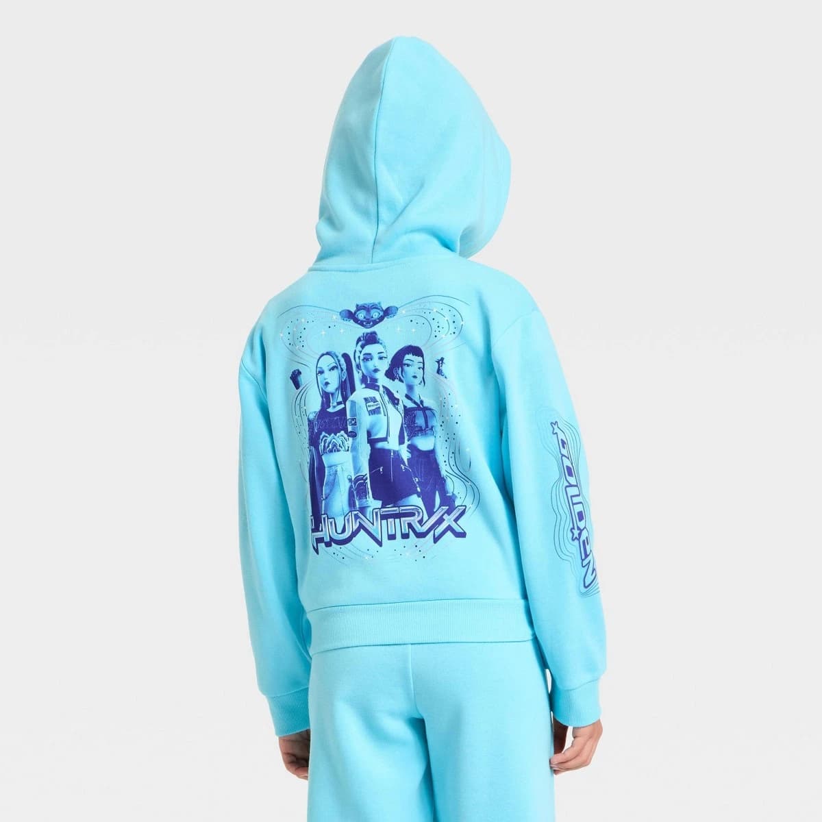 Girls' KPop Demon Hunters Huntrix Golden Hooded Front and Back Graphic Pullover Sweatshirt - Blue M — Manufacturer Picture