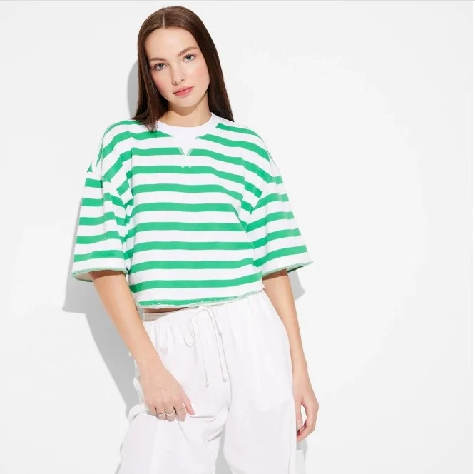 Women's French Terry Pullover Sweatshirt - Wild Fable™ Green Striped M: Crew Neck, Short Sleeve — Manufacturer Picture