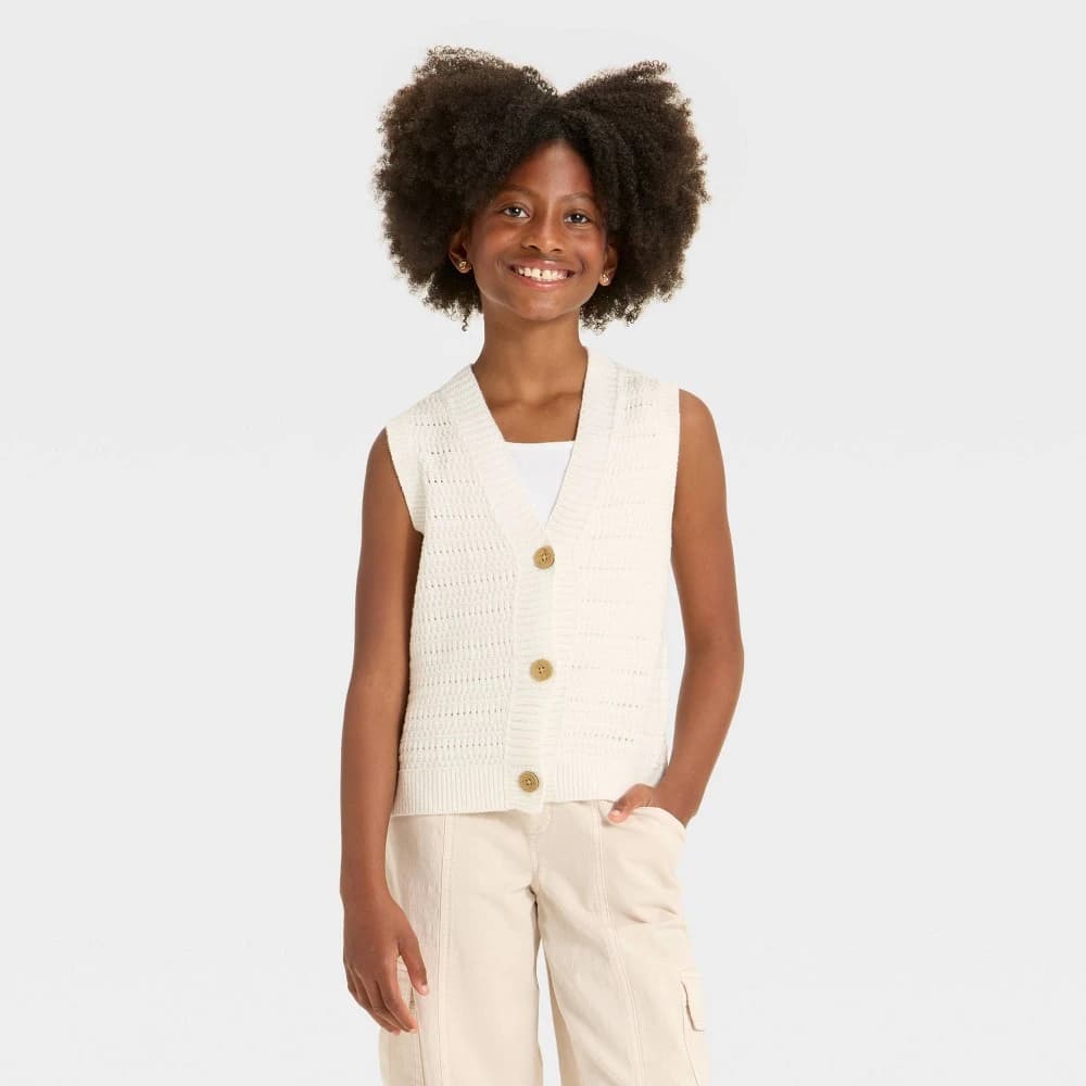 Girls' Button-Front Sweater Vest - Cat & Jack™ Cream M — Manufacturer Picture