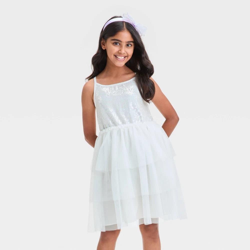 Girls' Sleeveless Tiered Tulle Sequin Dress - Cat & Jack™ White M — Manufacturer Picture