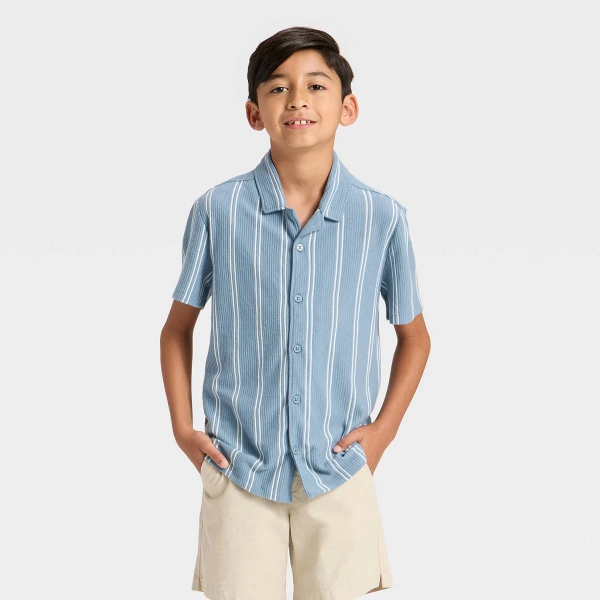Boys' Short Sleeve Vertical Striped Button-Down Shirt - Cat & Jack™ Dusty Blue/Cream XS — Manufacturer Picture
