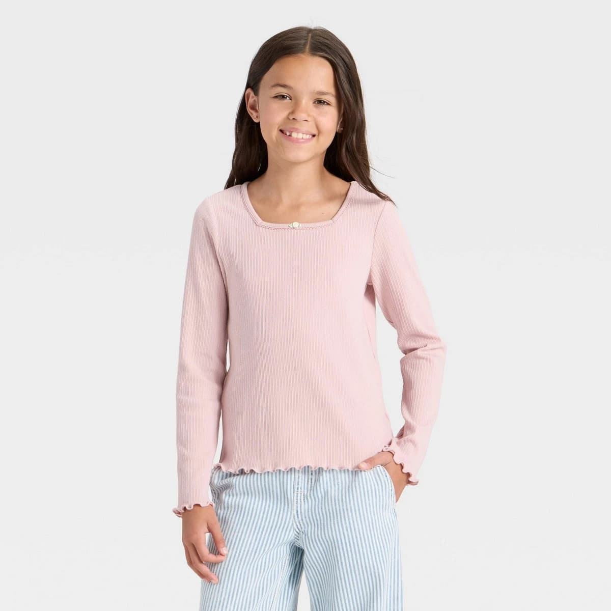Girls' Long Sleeve Rib-Knit T-Shirt - Cat & Jack™ Pink L — Manufacturer Picture