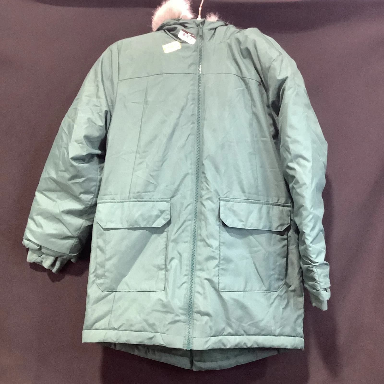 Men's Green Long Hooded Lined Parka Coat Full Zip Faux Fur Trim Solid