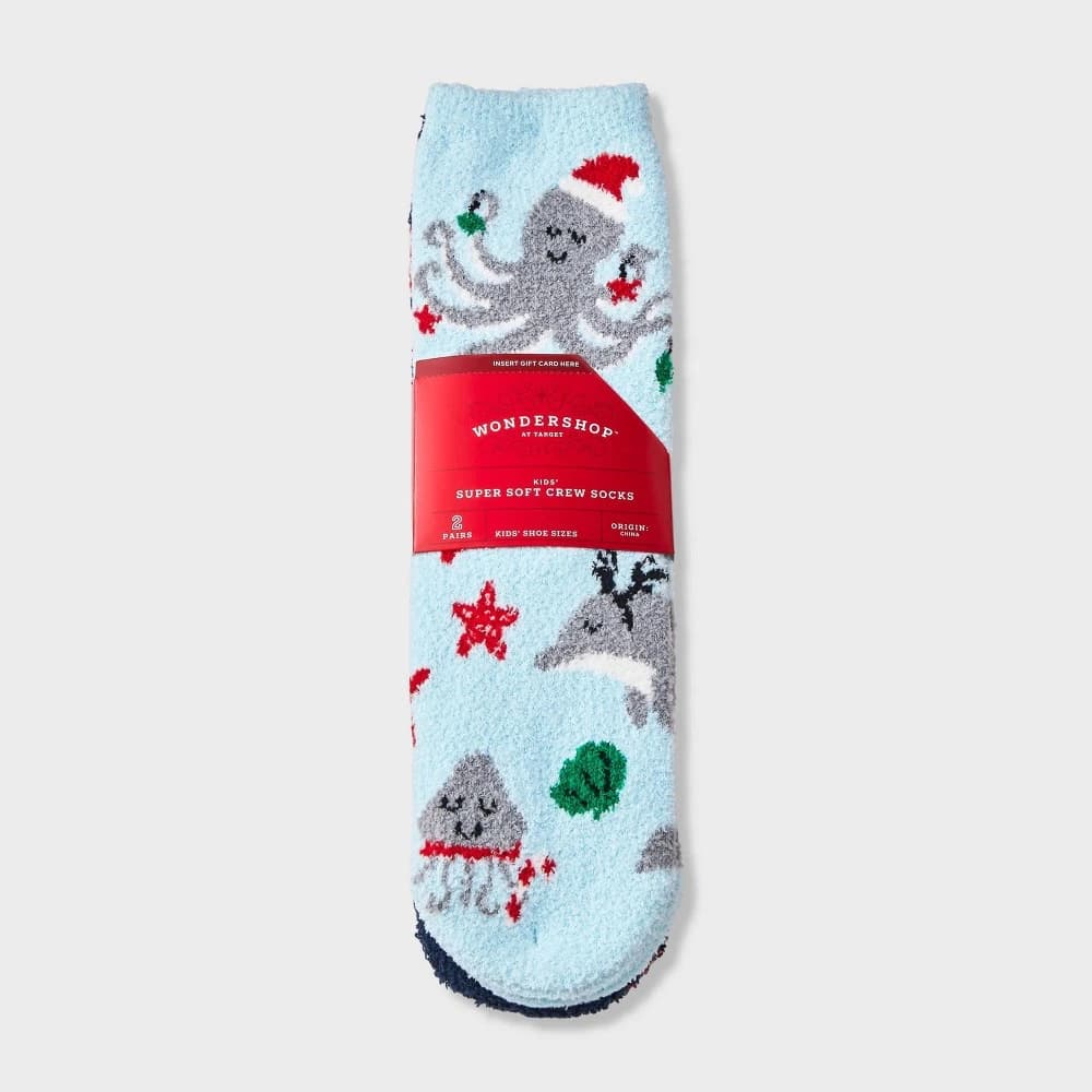 Kids' 2pk Christmas Sea Life Animals & Candy Canes Cozy Crew Socks with Gift Card Holder - Wondershop™ Light Blue XS/S — Manufacturer Picture