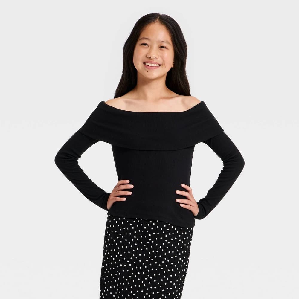 Girls' Off the Shoulder Long Sleeve Knit Top - art class™ Black XL — Manufacturer Picture
