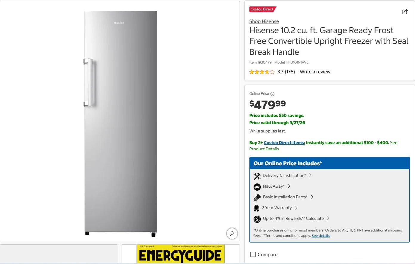 Hisense HFU101N1AVE 10.1 Cu Ft Upright Freezer - Stainless Steel — Manufacturer Picture
