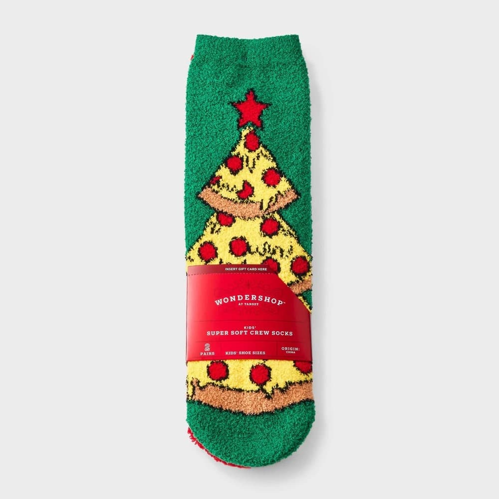 Kids' 2pk Pizza Christmas Tree Cozy Crew Socks with Gift Card Holder - Wondershop™ Green XS/S — Manufacturer Picture