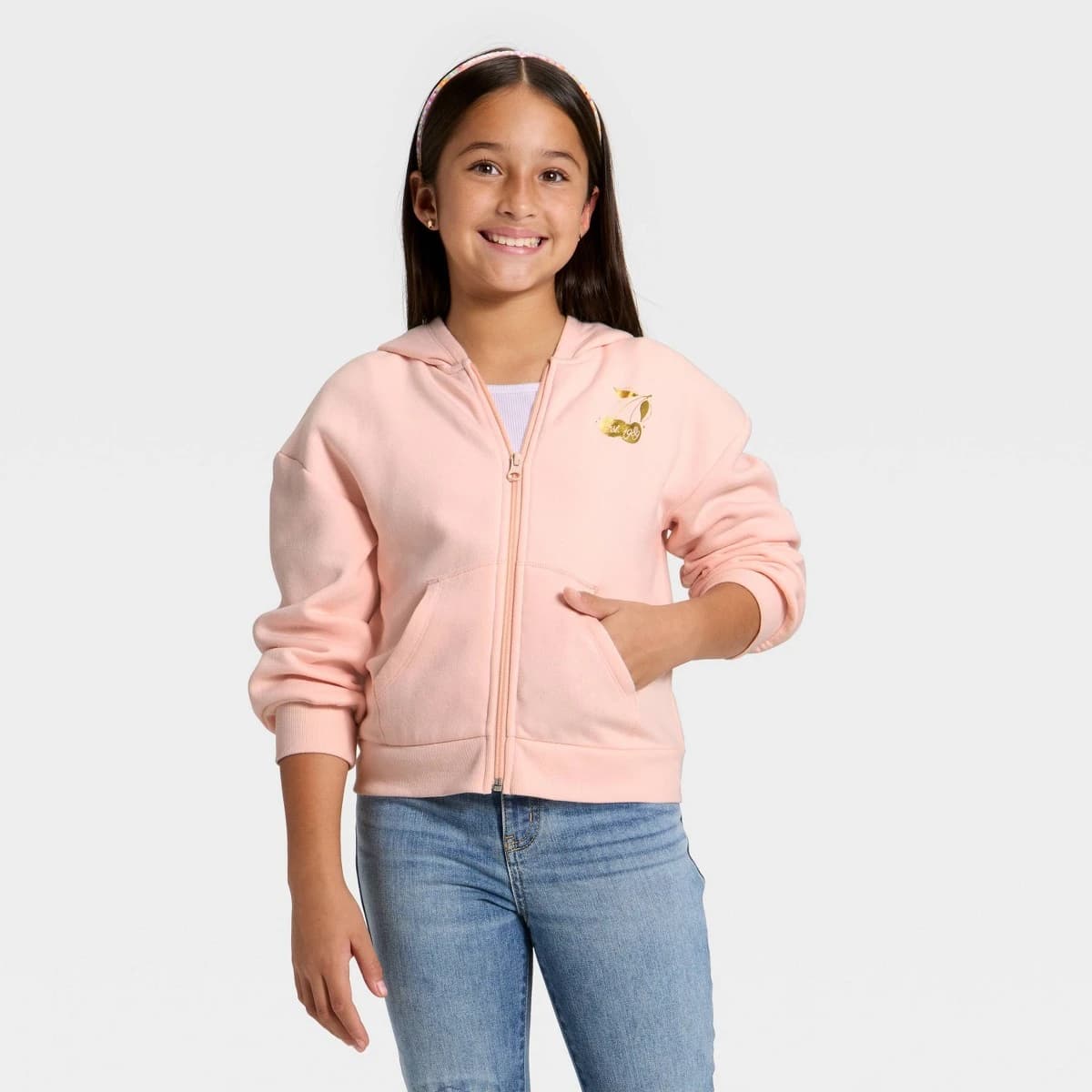 Girls' Fleece Cherries Hooded Zip-Up Sweatshirt - Cat & Jack™ Light Peach XS — Manufacturer Picture