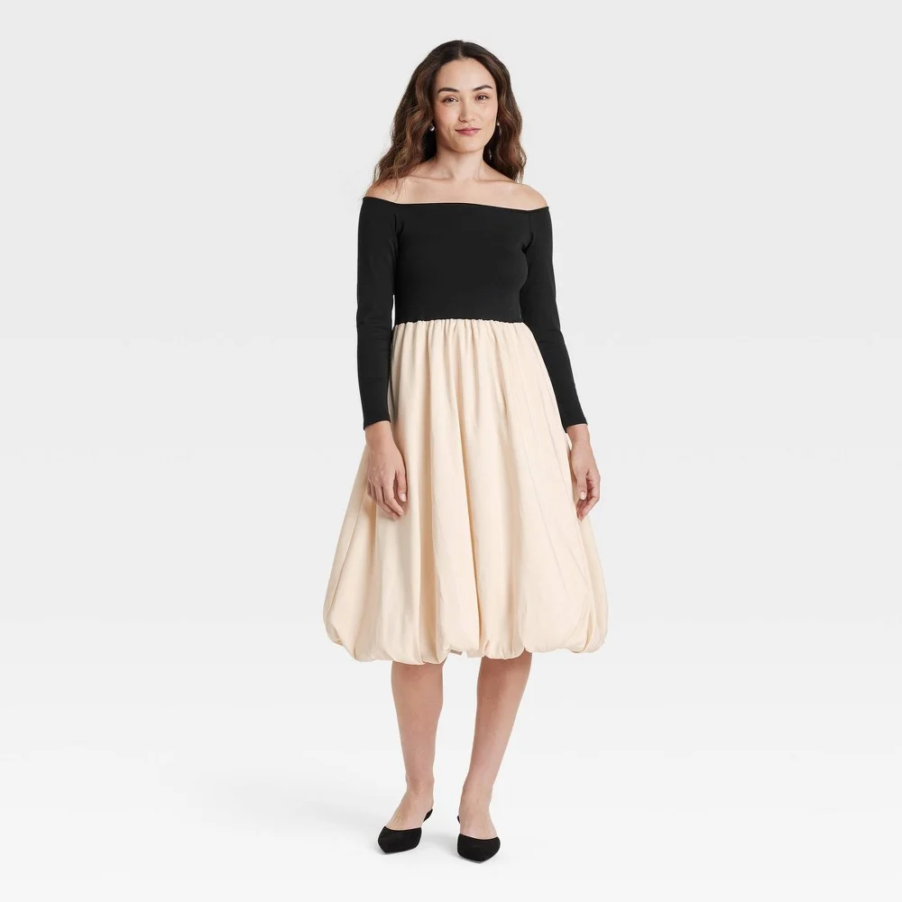 Women's Long Sleeve Midi A-Line Dress - A New Day™ Black/Cream M — Manufacturer Picture