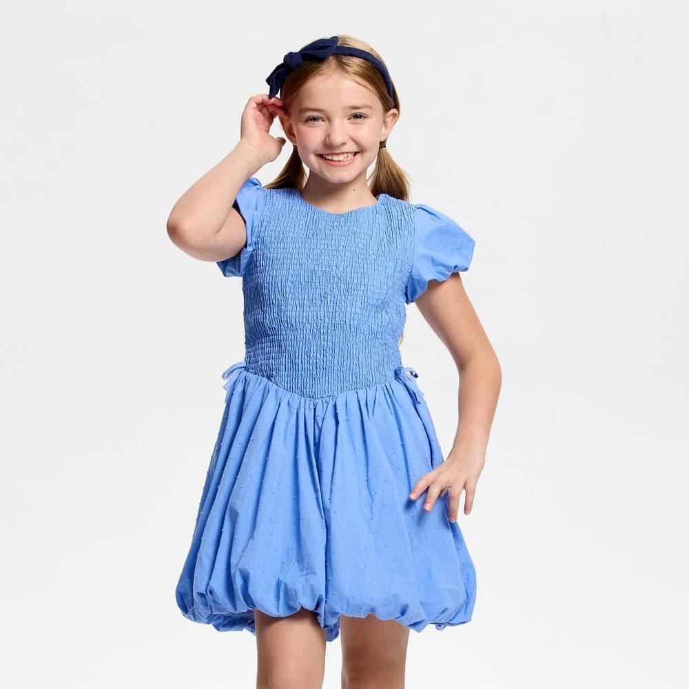 Owillo® Girls' Short Sleeve Smocked Bodice Bubble A-Line Dress