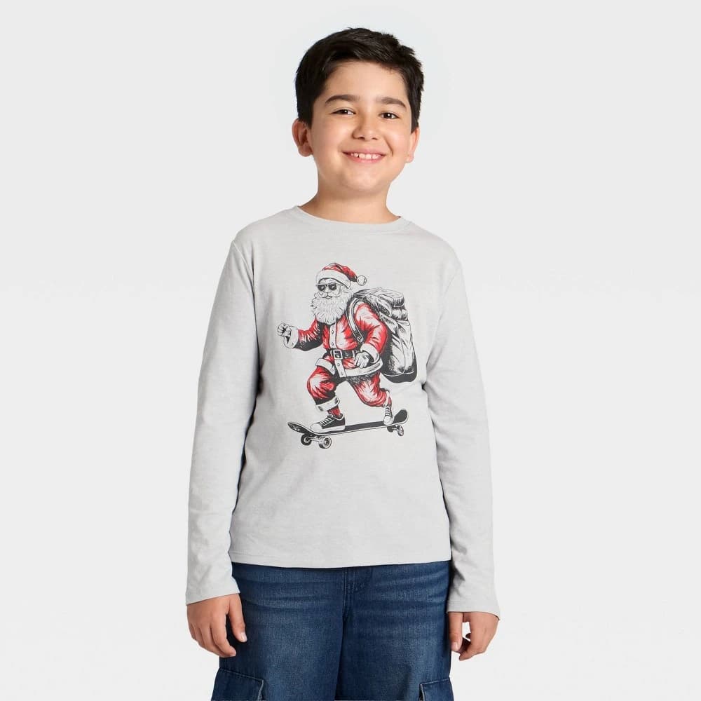 Boys' Long Sleeve 'Skateboarding Santa' Graphic T-Shirt - Cat & Jack™ Heather Gray XL