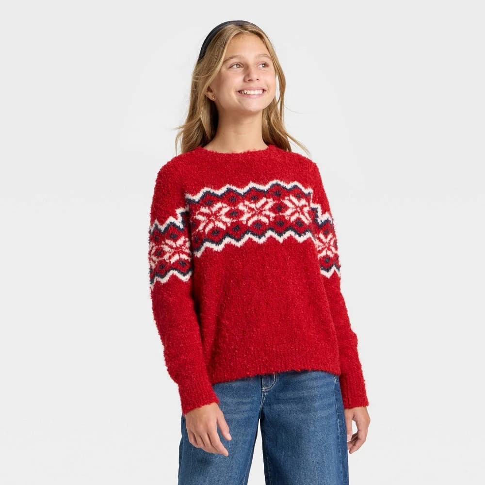 Girls’ Fair Isle Boucle Sweater - art class™ XL Red — Manufacturer Picture
