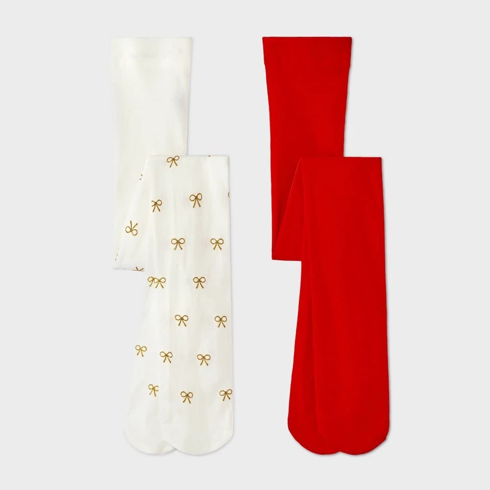 Girls' 2pk Holiday Sparkly Bow Tights - Cat & Jack™ Ivory/Red M — Manufacturer Picture