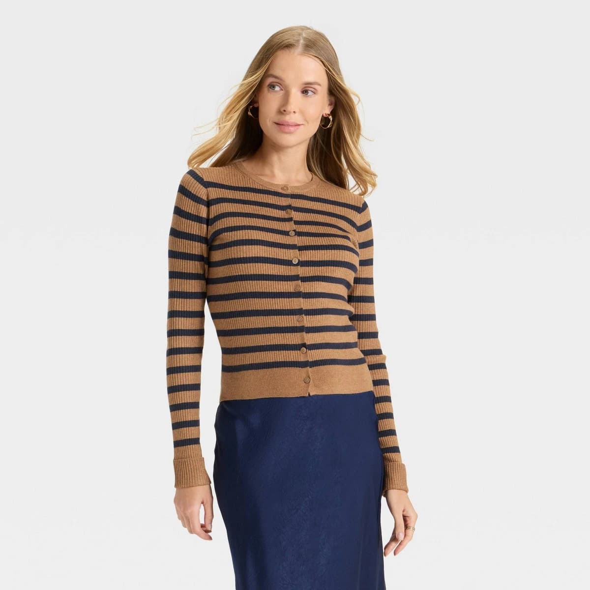 Women's Ribbed Cuff Cardigan Sweater - A New Day™ Brown/Navy Striped S — Manufacturer Picture