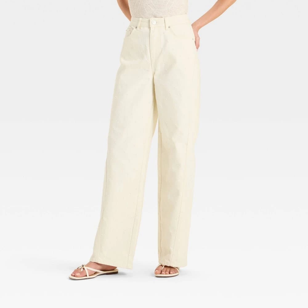 Future Collective Women's Mid-Rise Wide-Leg Twill Pants - Ivory Size 14