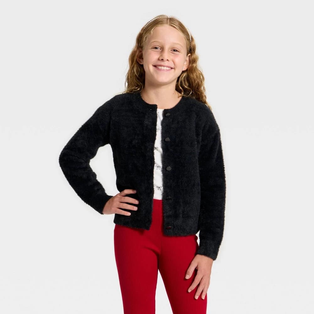 Girls' Fuzzy Cardigan - Cat & Jack™ Black S — Manufacturer Picture