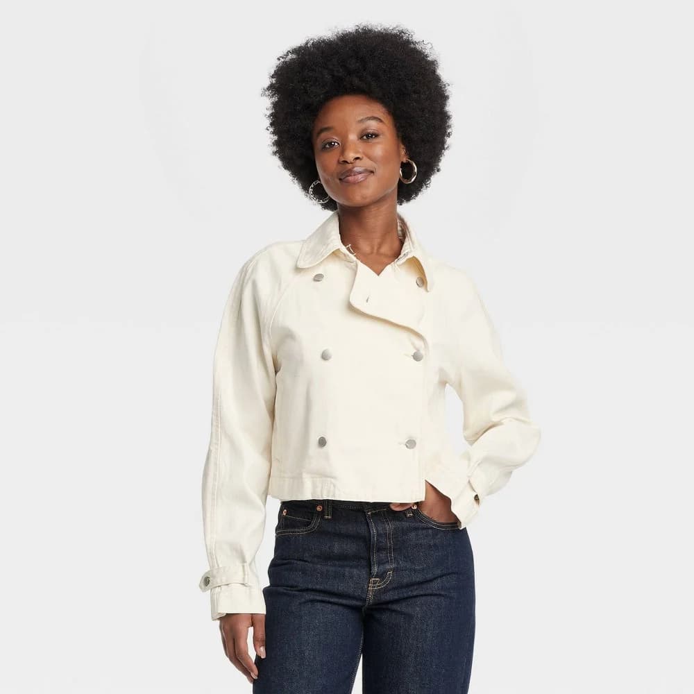 Women's Denim Cropped Trench Jacket - Universal Thread™ Off-White L — Manufacturer Picture