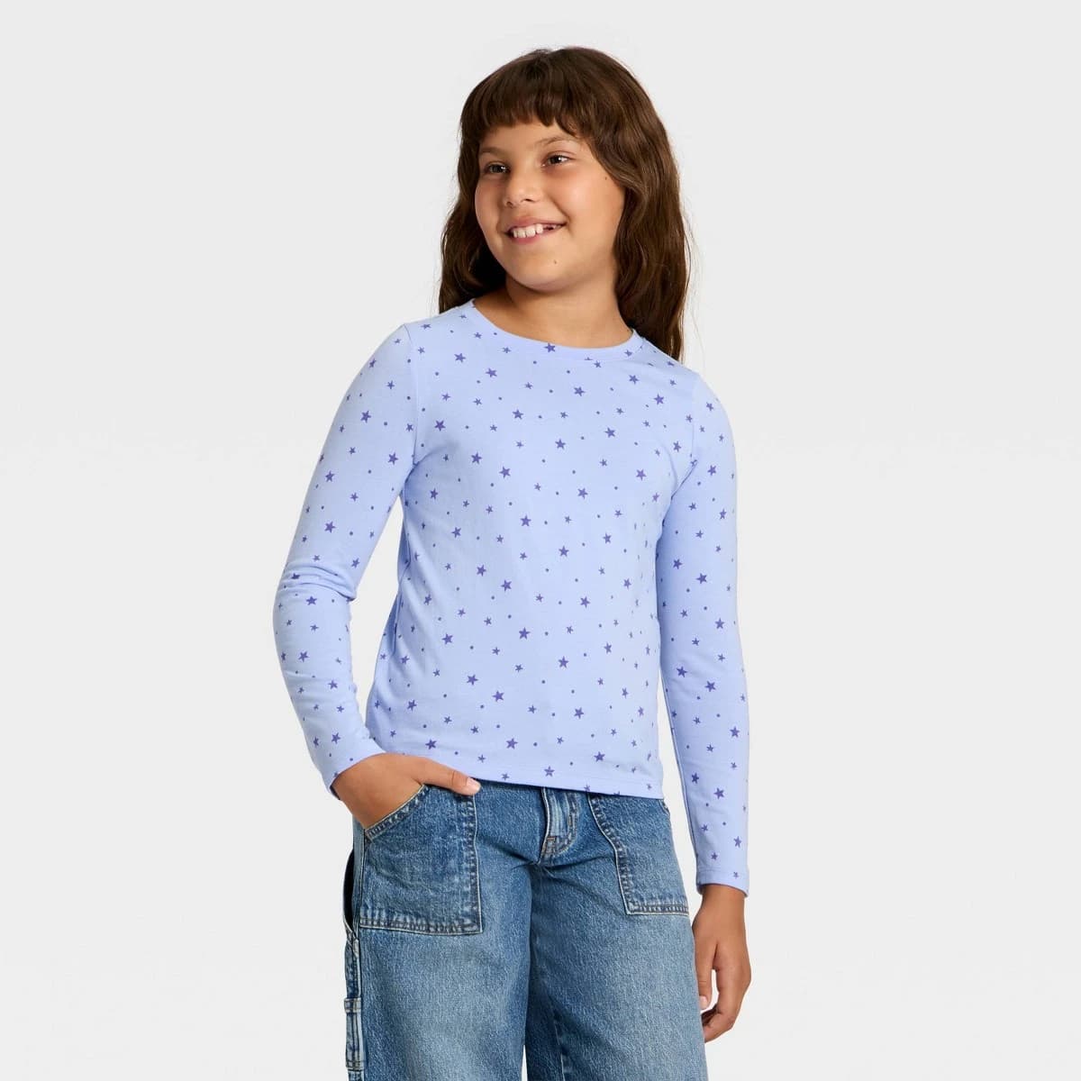 Girls' Long Sleeve Stars Printed Classic Fit T-Shirt - Cat & Jack™ Blue M — Manufacturer Picture
