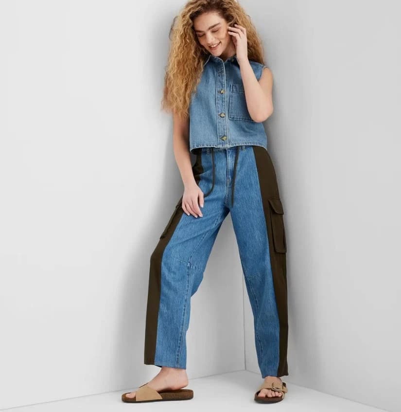 Women's Mid-Rise Barrel Leg Mixed Fabric Jeans - Future Collective Blue Denim 00 — Manufacturer Picture
