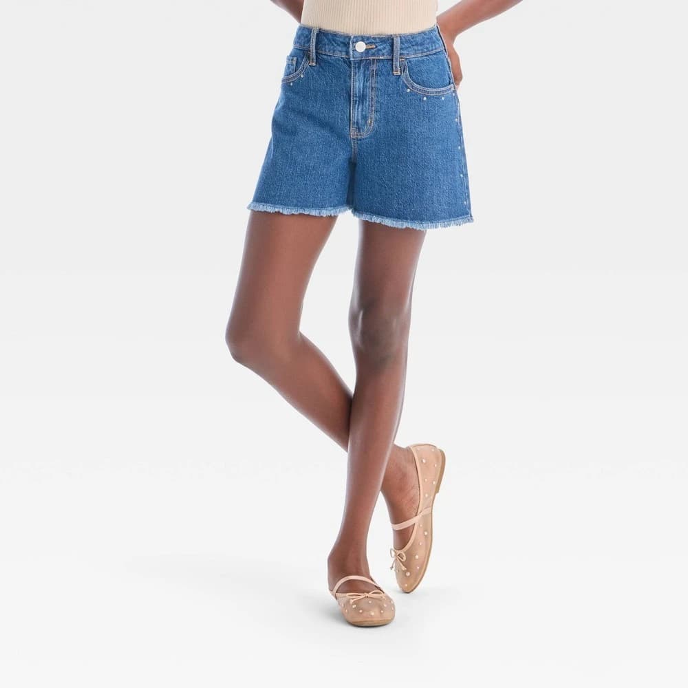 Girls' High-Rise A-Line Studded Denim Shorts - art class™ Medium Wash M — Manufacturer Picture