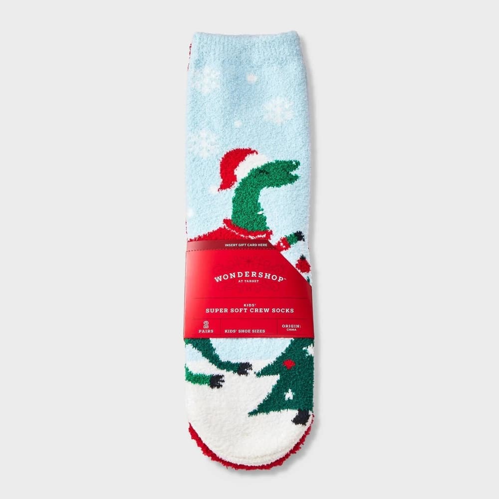 Kids' 2pk Christmas Dinosaur & Snowflakes Cozy Crew Socks with Gift Card Holder - Wondershop™ XS/S — Manufacturer Picture