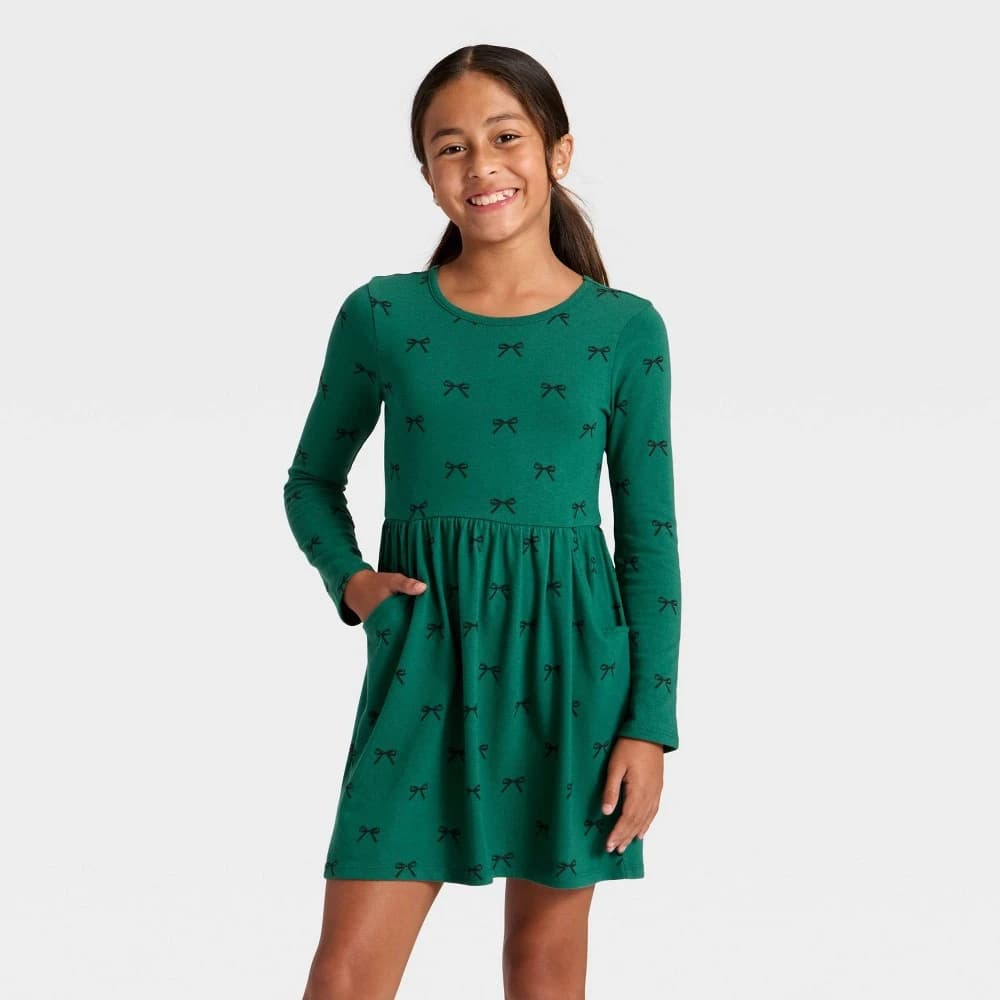 Girls' Long Sleeve Bows Printed Knit Dress - Cat & Jack™ Jade Green XL — Manufacturer Picture