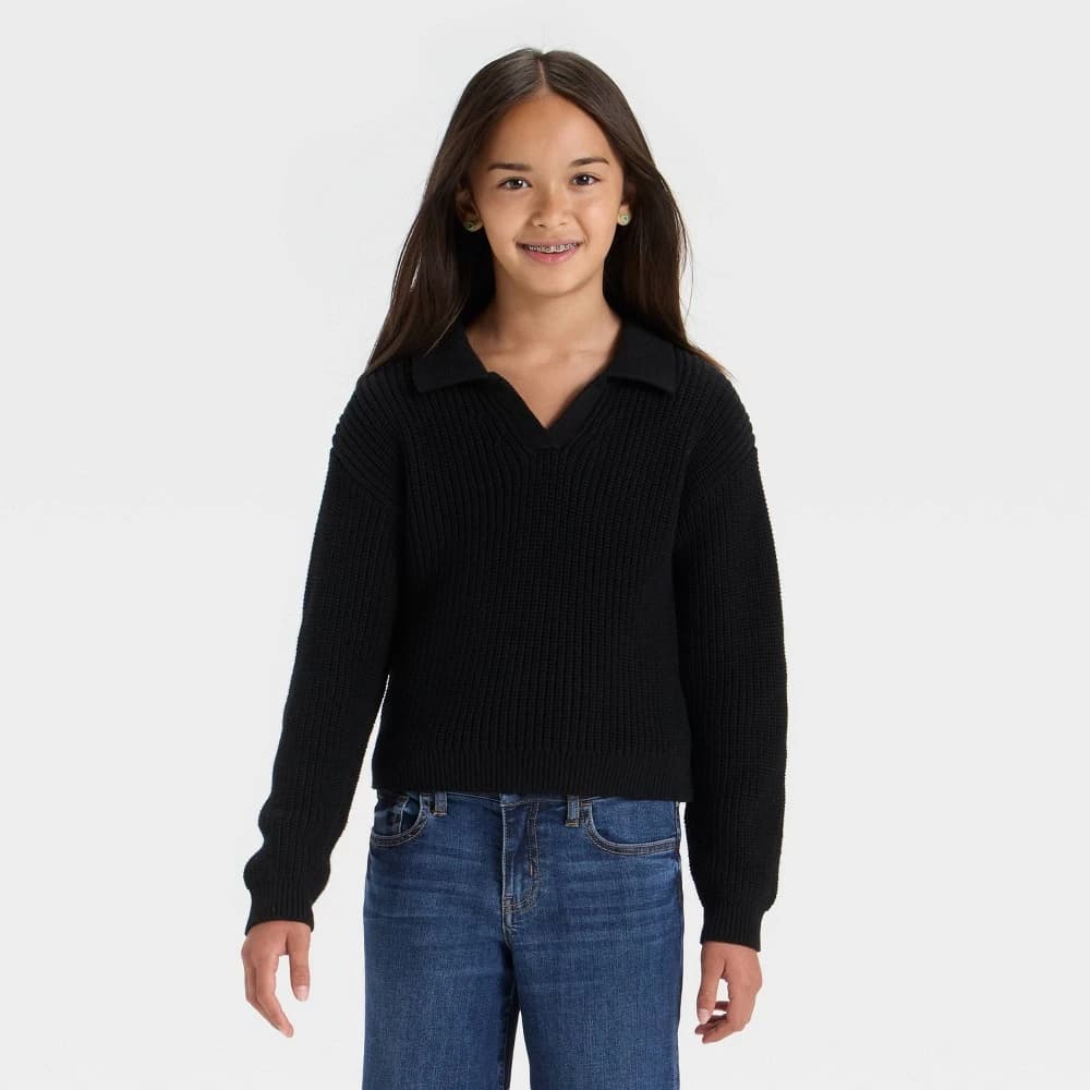Girls' Collar Sweater - Cat & Jack™ Black M — Manufacturer Picture