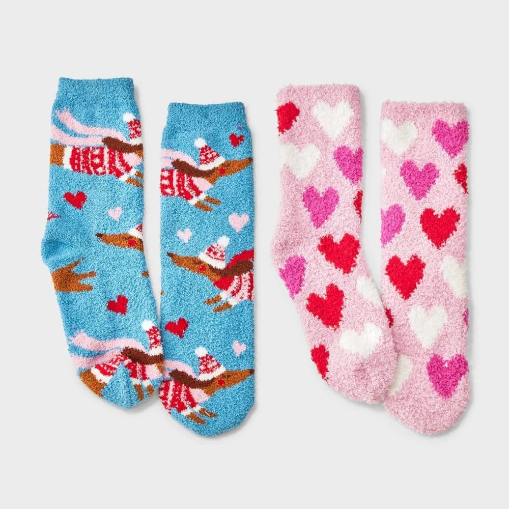 Kids' 2pk Dogs & Hearts Cozy Crew Socks with Gift Card Holder - Wondershop™ Blue XS/S