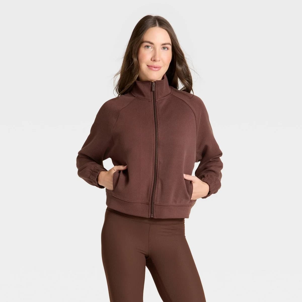 Women's Airy Sleek Ribbed Full Zip Jacket - All In Motion™ Brown M — Manufacturer Picture