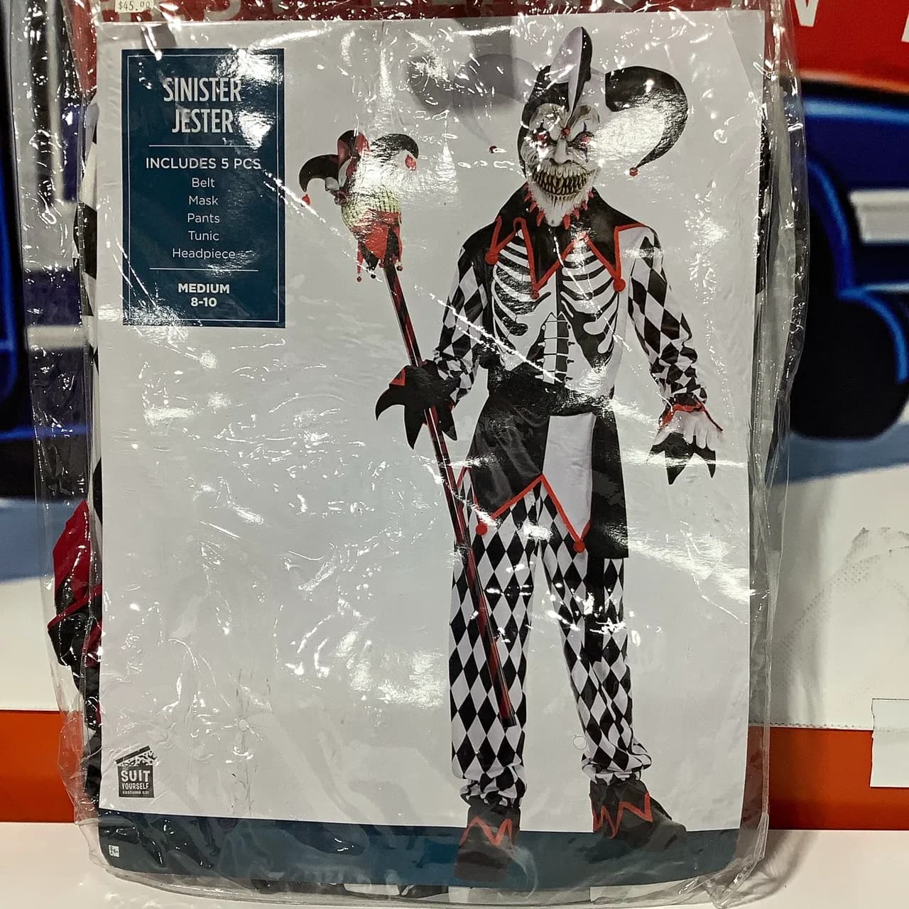 Suit Yourself Sinister Jester Costume Medium 8-10 Black/White/Red 5pc