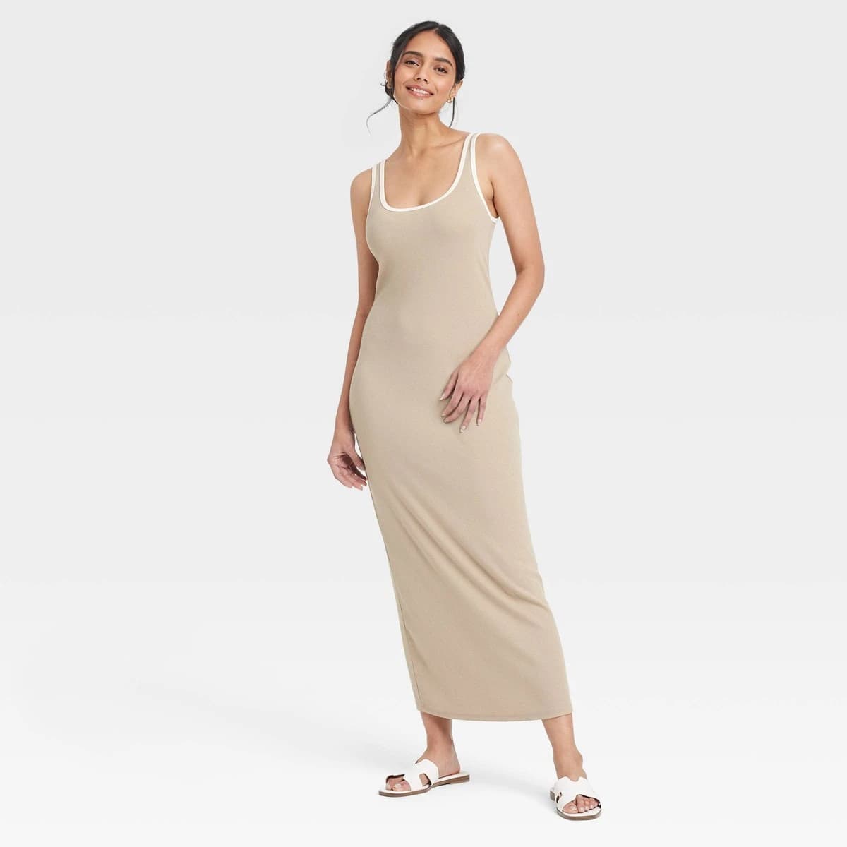 Women's Knit Midi Tank Dress - A New Day™ Tan/White L — Manufacturer Picture