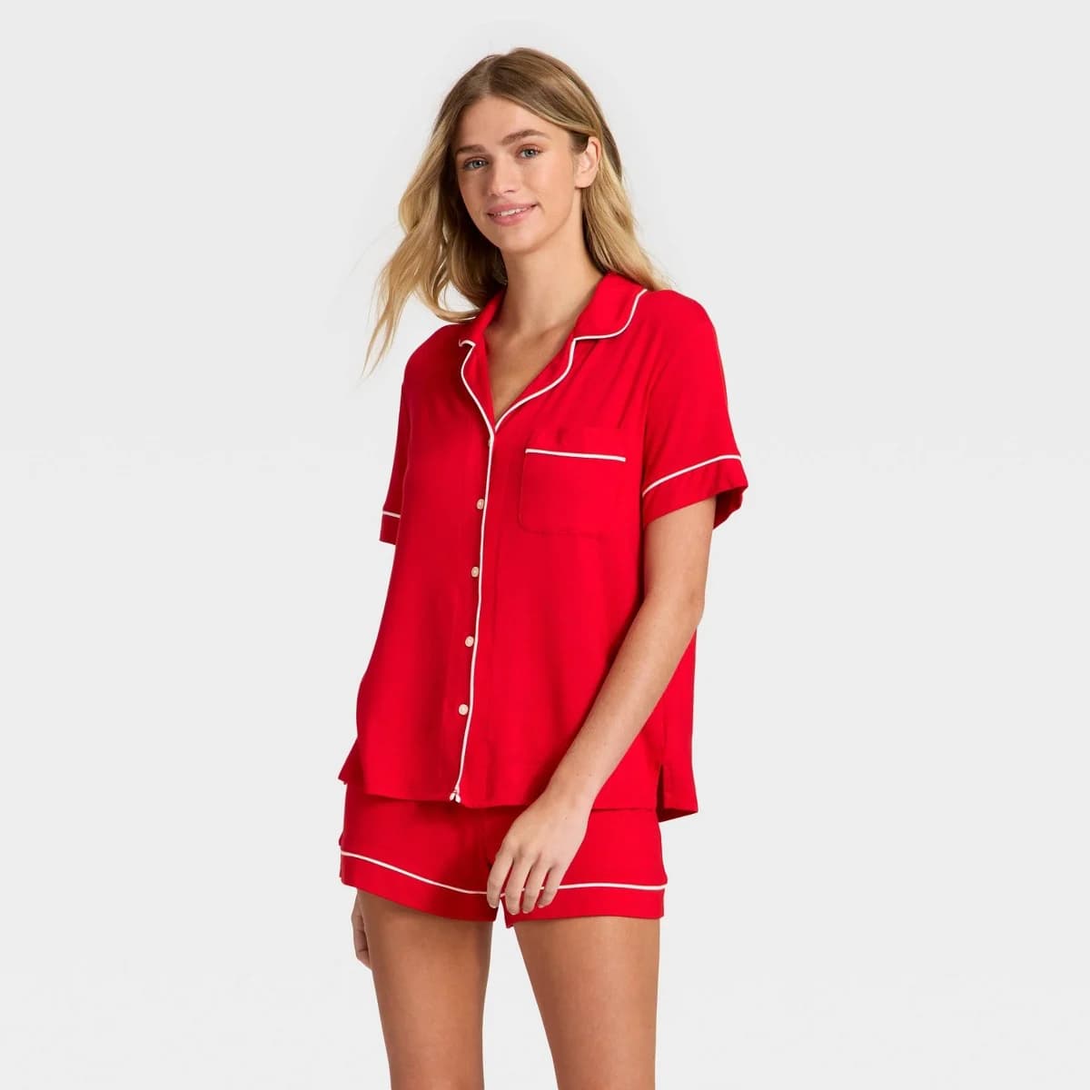 Women's Cloud Knit Modal Notch Collar Short Sleeve Top and Shorts Pajama Set - Auden™ Red M — Manufacturer Picture