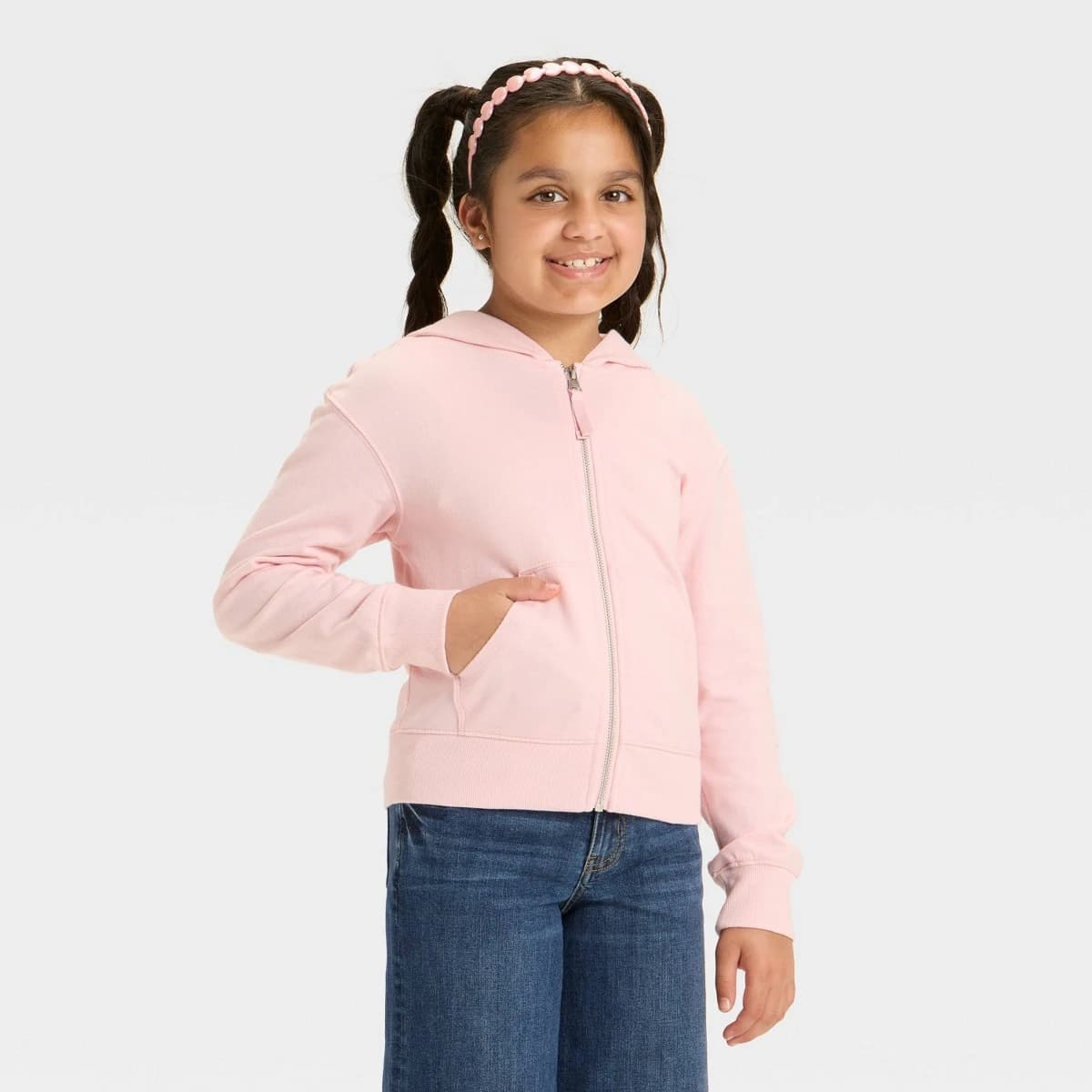 Girls' Hooded French Terry Zip-Up Sweatshirt - Cat & Jack™ Soft Pink XL — Manufacturer Picture