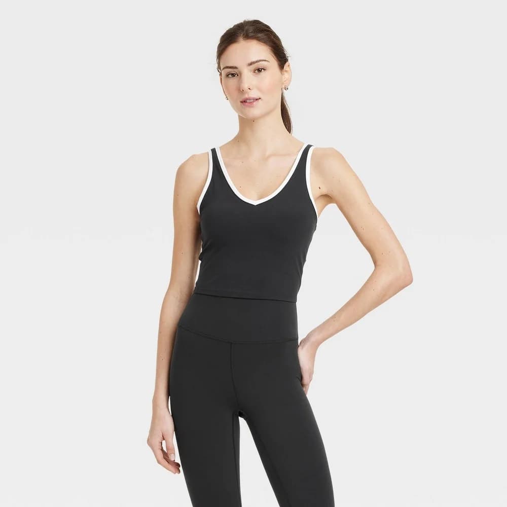 Women's Everyday Soft Light Support Contrast V Neck Cropped Sports Bra - All In Motion™ Black L — Manufacturer Picture