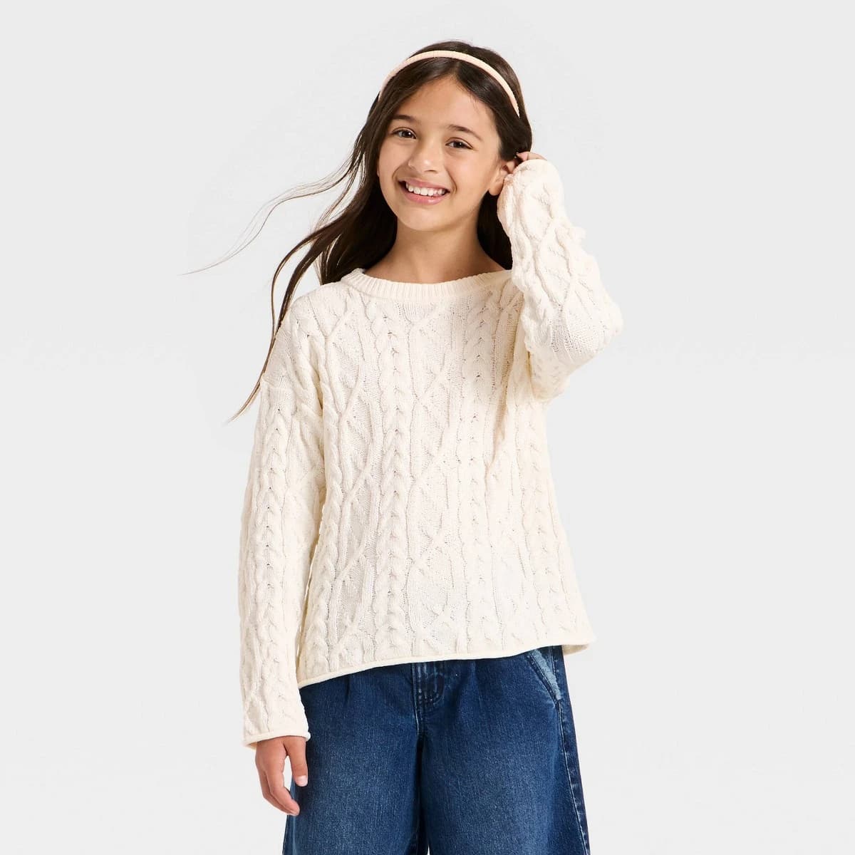 Girls' Cable Knit Pullover Sweater - Cat & Jack™ Cream XL — Manufacturer Picture