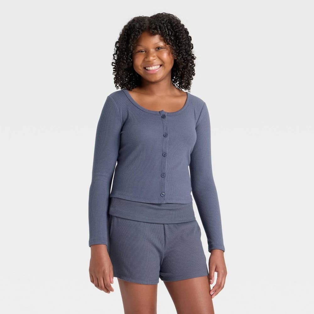 Girls' Long Sleeve Cozy Rib-Knit Cardigan - art class™ Blue L — Manufacturer Picture