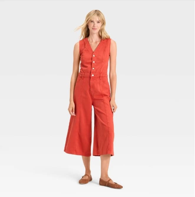 Women's Cropped Sleeveless Denim Jumpsuit - Universal Thread™ Red 14