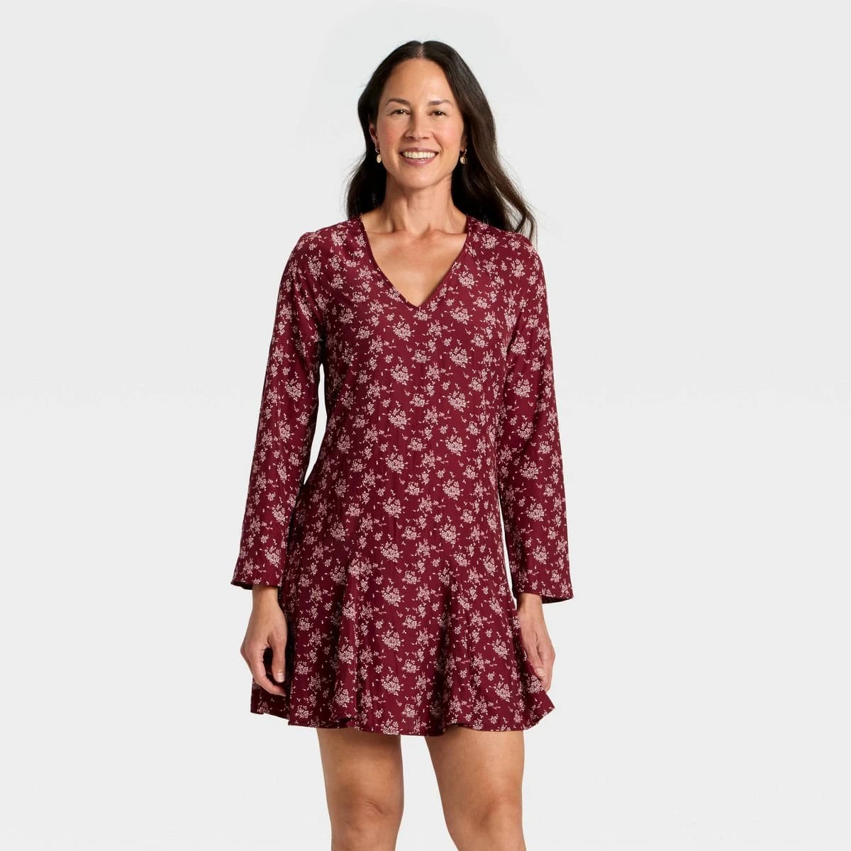 Women's Bell Long Sleeve Godet Mini A-Line Dress - Universal Thread™ Burgundy Floral L — Manufacturer Picture