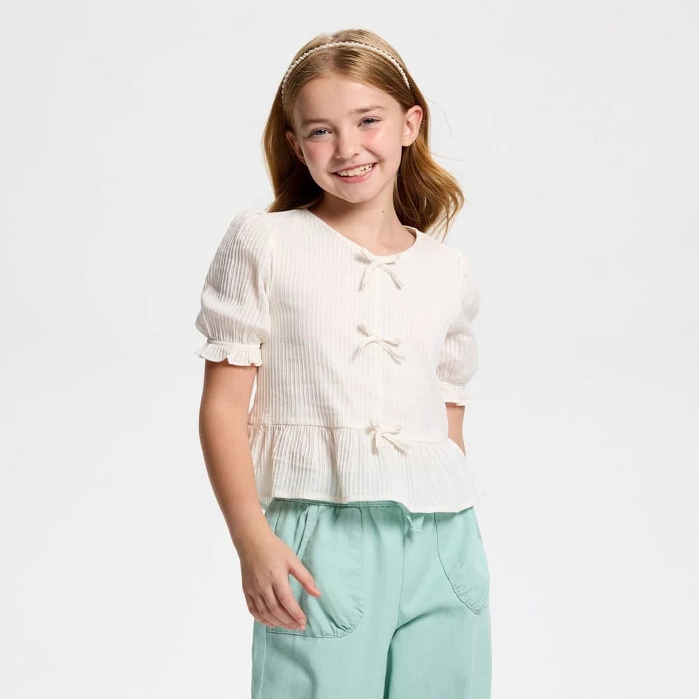 Owillo® Girls' Puff Short Sleeve Peplum Bow Top - White M — Manufacturer Picture