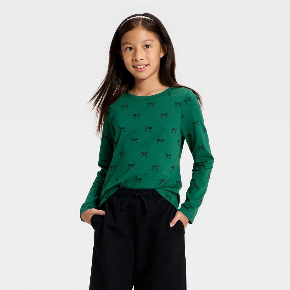 Girls' Long Sleeve Bows Printed Classic Fit T-Shirt - Cat & Jack™ Jade Green M — Manufacturer Picture