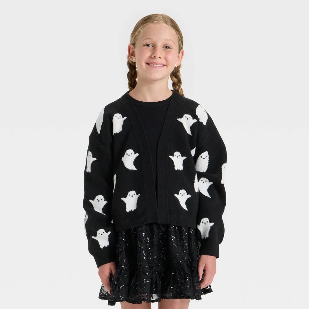 Girls' Long Sleeve Halloween Cardigan Sweater - Cat & Jack™ Black M — Manufacturer Picture