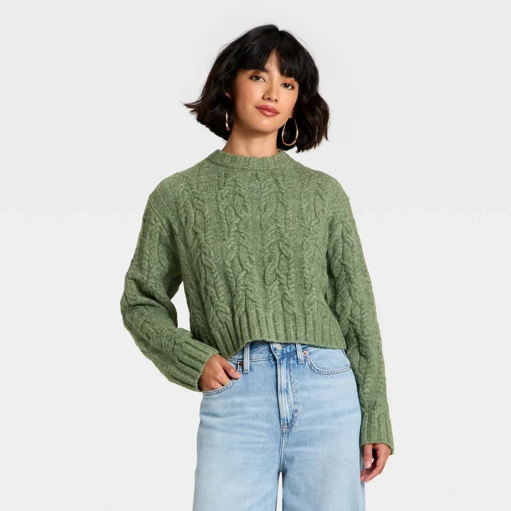 Women's Long Sleeve Cozy Cable Crewneck Pullover Sweater - Universal Thread™ Green L — Manufacturer Picture