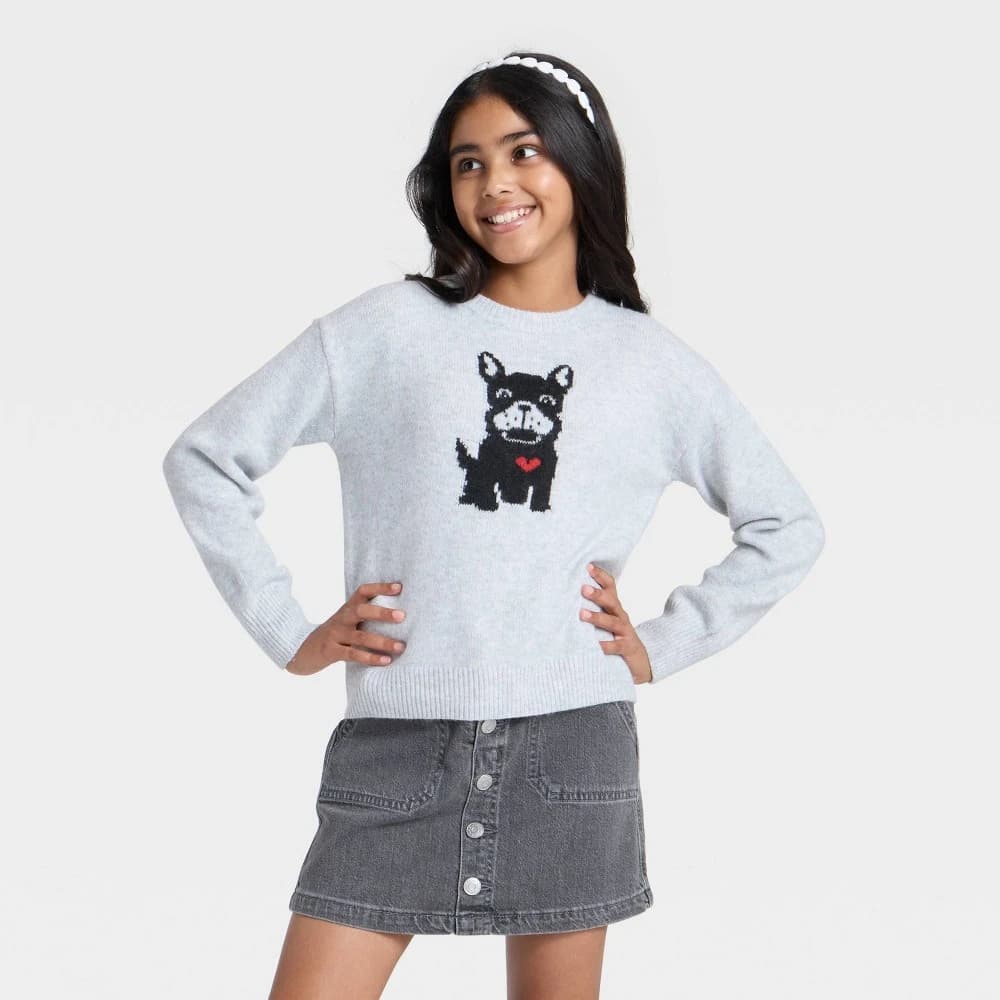 Girls' Dog Graphic Pullover Sweater - Cat & Jack™ Heather Gray XS — Manufacturer Picture