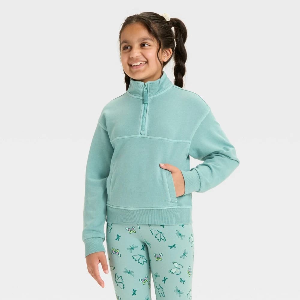 Girls' French Terry Quarter Zip Pullover Sweatshirt - Cat & Jack™ Ocean Green S — Manufacturer Picture