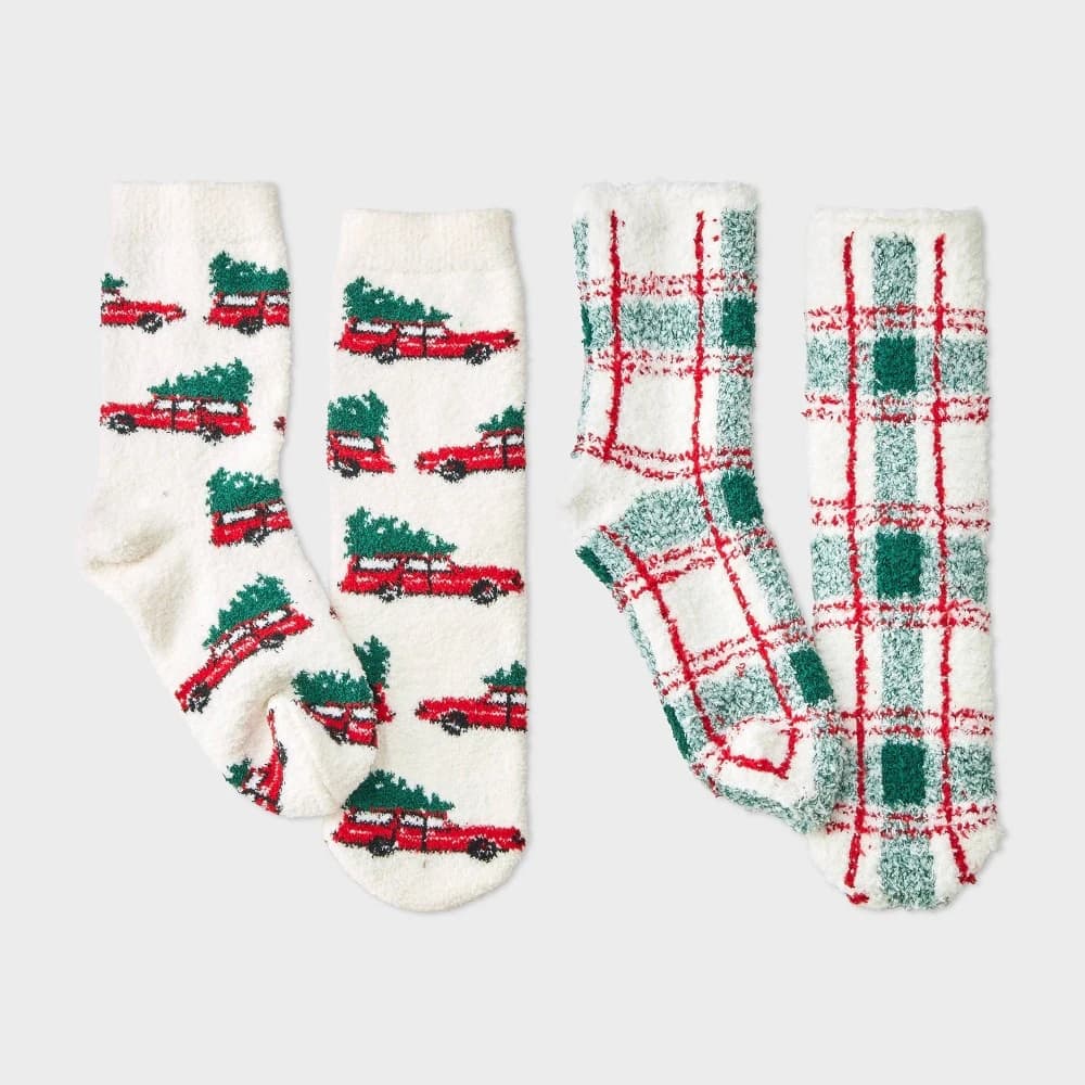 Kids' 2pk Christmas Tree Cars & Plaid Cozy Crew Socks with Gift Card Holder - Wondershop™ White XS/S — Manufacturer Picture