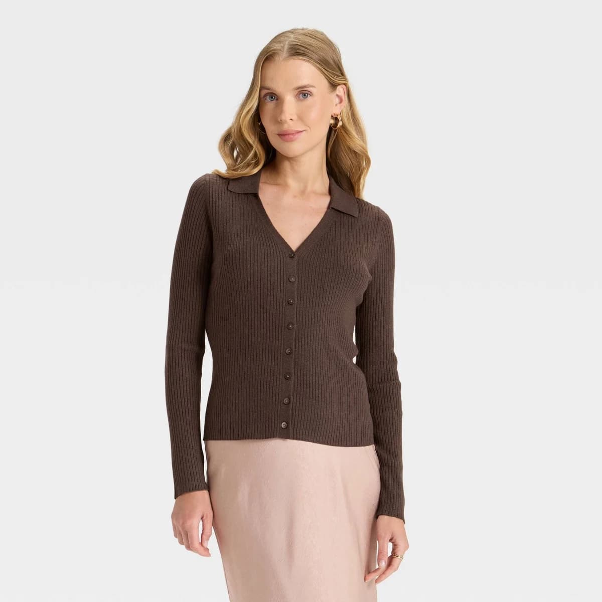 Women's Ribbed Cardigan Sweater - A New Day™ Brown S — Manufacturer Picture